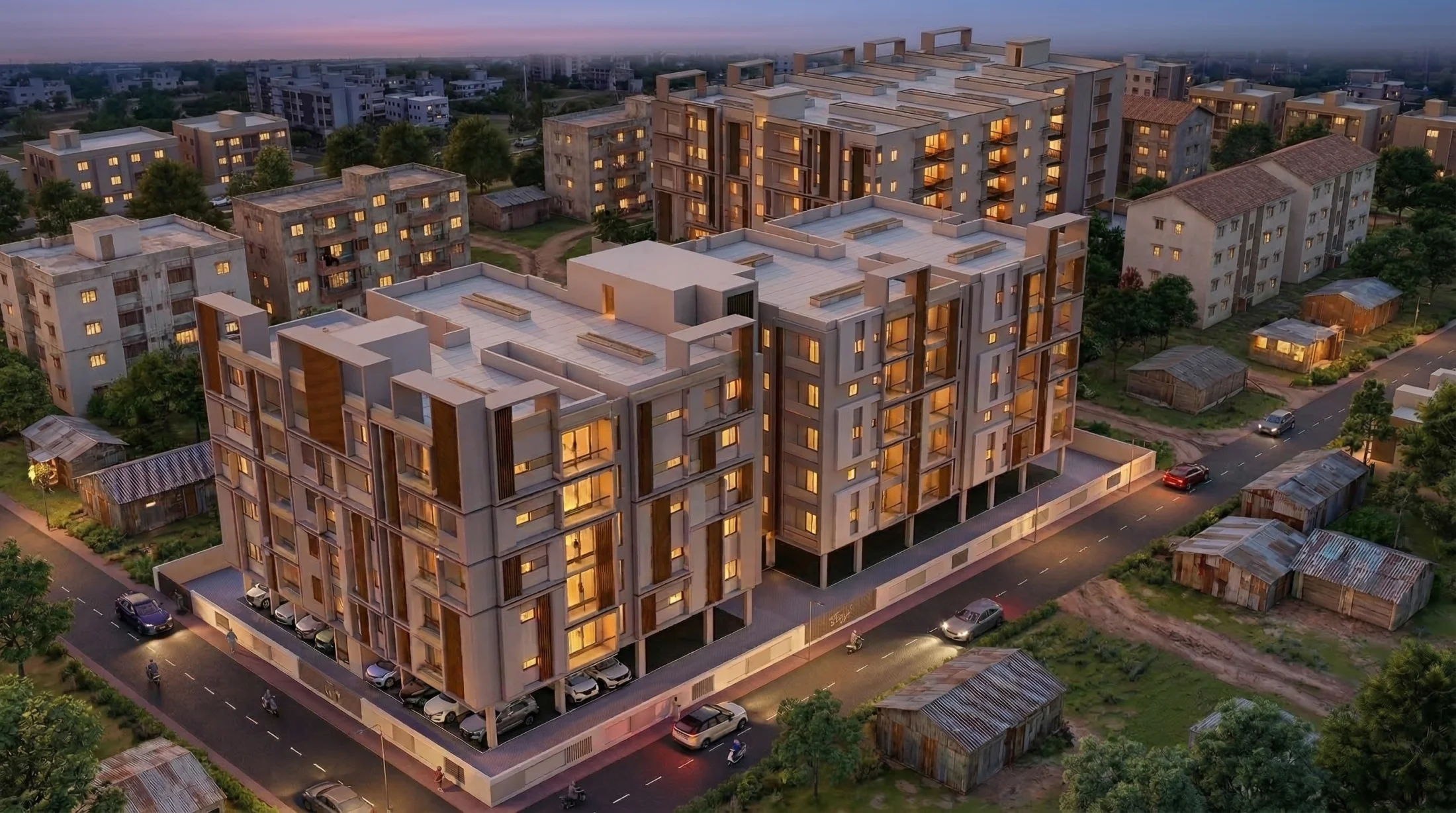 Ayodhya building elevation at dusk